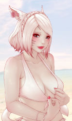 Rule 34 | 1girl, animal ears, warrior of light (ff14), beach, bikini, bikini pull, blonde hair, blue eyes, blurry, blurry background, breasts, cat ears, cat tail, clothes pull, day, facial mark, final fantasy, final fantasy xiv, front-tie bikini top, front-tie top, lips, looking at viewer, medium breasts, miqo&#039;te, nail polish, outdoors, short hair, solo, soranamae, swimsuit, tail, upper body, whisker markings