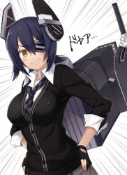 Rule 34 | &gt;:), 10s, 1girl, 501092-taka, black hair, breasts, cannon, cardigan, checkered clothes, checkered necktie, checkered neckwear, dress shirt, emphasis lines, eyepatch, hair ornament, hands on own hips, kantai collection, necktie, personification, shirt, short hair, skirt, smile, smirk, solo, tenryuu (kancolle), upper body, v-shaped eyebrows, yellow eyes