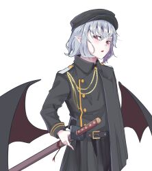 Rule 34 | 1girl, alternate costume, bat wings, belt, coat, grey hair, hat, highres, holding, holding sword, holding weapon, kanaria (bocmn), long sleeves, looking at viewer, military uniform, open mouth, pointy ears, remilia scarlet, short hair, simple background, solo, sword, touhou, uniform, weapon, white background, wings