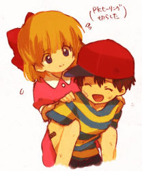 Rule 34 | 1boy, 1girl, bad id, bad pixiv id, blonde hair, bukiko, carrying, hair ribbon, hat, lowres, md5 mismatch, mother (game), mother 2, ness (mother 2), nintendo, paula (mother 2), piggyback, ribbon, short sleeves, smile