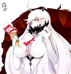 Rule 34 | 10s, 1girl, abyssal ship, between breasts, blush, breasts, cleavage, colored skin, covered erect nipples, covered mouth, dress, food, horns, ice cream, ice cream cone, kantai collection, large breasts, long hair, midway princess, momo (higanbana and girl), pale skin, red eyes, simple background, solo, very long hair, white background, white dress, white hair, white skin