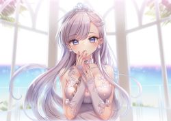 Rule 34 | 1girl, alternate costume, azur lane, bare shoulders, belfast (azur lane), blush, braid, breasts, broken, broken chain, chain, choker, cleavage, commentary request, dress, earrings, eyelashes, french braid, glint, gloves, jewelry, long hair, looking at viewer, medium breasts, own hands together, purple eyes, ring, silver hair, single braid, solo, swept bangs, tears, tiara, tsukigami runa, upper body, wedding band, wedding dress, white dress, white gloves