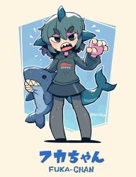Rule 34 | 1girl, black eyes, blush stickers, borrowed character, character name, claw pose, fins, fish tail, fuka-chan, full body, green hair, grey hoodie, grey pantyhose, grey skirt, hand up, head fins, highres, holding, holding stuffed toy, hood, hood down, hoodie, long sleeves, looking at viewer, miniskirt, notice lines, open mouth, original, pantyhose, rariatto (ganguri), shark fin, shark tail, sharp teeth, shoes, short hair, skirt, solo, standing, stuffed animal, stuffed shark, stuffed toy, tail, teeth, thick eyebrows, upper teeth only