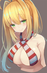 Rule 34 | 1girl, ahoge, arms at sides, arms behind back, bad id, bad pixiv id, blush, breasts, brown background, c:, cleavage, closed mouth, collarbone, commentary request, cropped torso, fate/grand order, fate (series), green eyes, hair between eyes, hair intakes, half-closed eyes, highres, large breasts, long hair, looking at viewer, nero claudius (fate), nero claudius (fate) (all), nero claudius (swimsuit caster) (fate), sidelocks, simple background, smile, solo, tsurime, twintails, upper body, yuzu-aki