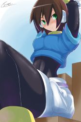 Rule 34 | 1girl, absurdres, aile (mega man zx), blush, bodystocking, bodysuit, breasts, brown hair, commentary, eyes visible through hair, gloves, green eyes, highres, layered sleeves, long sleeves, looking at viewer, medium breasts, mega man (series), mega man zx, open mouth, pantyhose, pantyhose under shorts, robot ears, short hair, short over long sleeves, short sleeves, shorts, shoutaro saito, sitting, skin tight, solo