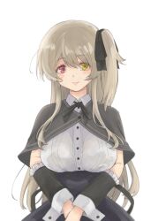 Rule 34 | 1girl, assault lily, black capelet, black ribbon, black skirt, blurry, blush, breasts, buttons, capelet, closed mouth, collared shirt, commentary, depth of field, detached sleeves, frilled sleeves, frills, hair between eyes, hair ribbon, heterochromia, high-waist skirt, highres, kuo shenlin, large breasts, light brown hair, light smile, long hair, looking at viewer, neck ribbon, one side up, own hands together, red eyes, ribbon, school uniform, shirt, short sleeves, sidelocks, skirt, solo, standing, su (sconbuoishi), upper body, v arms, very long hair, yellow eyes, yurigaoka girls academy school uniform