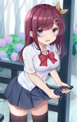 Rule 34 | 1girl, black thighhighs, blue eyes, blue skirt, blurry, blurry background, blush, bow, bowtie, breasts, bush, buttons, collarbone, collared shirt, commentary request, cowboy shot, day, depth of field, dress shirt, flower, hair ornament, hair ribbon, hairclip, highres, hydrangea, leaning forward, legs apart, long hair, looking at viewer, medium breasts, miniskirt, one side up, open mouth, original, outdoors, pleated skirt, purple flower, purple hair, rain, red bow, red bowtie, ribbon, school uniform, see-through, shiromikan, shirt, short sleeves, sidelocks, skirt, solo, standing, tareme, thighhighs, water, water drop, wavy mouth, wet, wet clothes, wet shirt, white shirt, yellow ribbon, zettai ryouiki