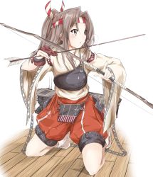 Rule 34 | 1girl, arrow (projectile), blush, bow (weapon), breath, brown eyes, drawing nk, flight deck, gloves, hachimaki, hakama, hakama pants, hakama shorts, headband, high ponytail, highres, holding, holding arrow, holding bow (weapon), holding weapon, japanese clothes, kantai collection, kneeling, light brown hair, long hair, muneate, pants, partially fingerless gloves, partly fingerless gloves, ponytail, red hakama, rigging, shorts, simple background, single glove, solo, weapon, white background, wide sleeves, yugake, zuihou (kancolle)