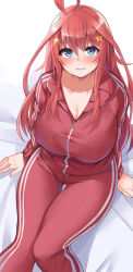 Rule 34 | 1girl, ahoge, blue eyes, blush, breasts, cleavage, collarbone, collared jacket, commentary request, embarrassed, go-toubun no hanayome, hair ornament, jacket, large breasts, long hair, long sleeves, looking at viewer, micosiva, nakano itsuki, pants, red hair, red jacket, red pants, sitting, solo, star (symbol), star hair ornament, track jacket, track pants, track suit