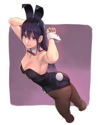 Rule 34 | 1girl, animal ears, arms up, ass, bare arms, bare shoulders, black hair, black leotard, bow, bowtie, breasts, brown pantyhose, cleavage, commentary request, cropped legs, detached collar, fake animal ears, fake tail, highres, leotard, long hair, looking at viewer, original, pantyhose, playboy bunny, purple eyes, purple hair, rabbit ears, rabbit tail, red bow, red bowtie, solo, strapless, strapless leotard, tail, wrist cuffs, yuuji (and)
