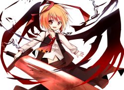 Rule 34 | 1girl, ascot, blonde hair, chain, ex-rumia, fang, female focus, huge weapon, long sleeves, looking at viewer, midriff, open clothes, open mouth, open vest, ribbon, rumia, shirt, short hair, skirt, skirt set, smile, solo, sword, tosura-ayato, touhou, vest, weapon, wings, yellow eyes