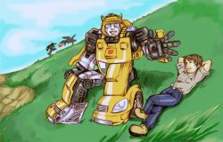Rule 34 | 4boys, autobot, blue eyes, blue sky, breath weapon, breathing fire, brown eyes, brown hair, bumblebee, cloud, crossed legs, day, dinosaur, field, fire, grass, grimlock, insignia, kamizono (spookyhouse), looking at viewer, lying, male focus, mecha, mirage (transformers), multiple boys, nature, on back, open mouth, outdoors, parted lips, reaching, robot, running, shoes, short hair, silhouette, sitting, sky, sleeves rolled up, smile, spike witwicky, sunlight, transformers, tyrannosaurus rex