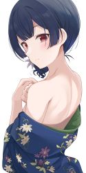 Rule 34 | 1girl, bare shoulders, blue hair, blue kimono, closed mouth, commentary request, expressionless, flat chest, floral print, from behind, head tilt, highres, hiroki (yyqw7151), idolmaster, idolmaster shiny colors, japanese clothes, kimono, light blush, morino rinze, nape, red eyes, short hair, simple background, solo, undressing, upper body, white background