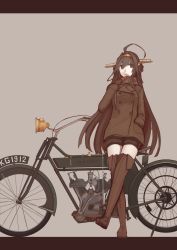 Rule 34 | 10s, 1girl, ahoge, alternate costume, bad id, bad pixiv id, brown background, brown eyes, brown hair, brown thighhighs, buttons, coat, crossed legs, double-breasted, hand in pocket, headgear, highres, kantai collection, kongou (kancolle), leaning back, long hair, looking at viewer, mikoto (oi plus), monochrome, motor vehicle, motorcycle, open mouth, plaid, plaid scarf, scarf, simple background, solo, thighhighs, vehicle, very long hair, zettai ryouiki