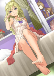 Rule 34 | 1girl, :q, arm at side, bad id, bad pixiv id, bare legs, barefoot, bed, bed sheet, blonde hair, blue bow, blue eyes, blush, bow, breasts, closed mouth, collarbone, dress, dutch angle, feet, female focus, flower, foot focus, foreshortening, frilled dress, frills, hand in own hair, indoors, long hair, looking at viewer, medium breasts, on bed, original, panties, pantyshot, plant, potted plant, red flower, red rose, room, rose, shelf, sitting, sleeveless, sleeveless dress, smile, soles, solo, stuffed animal, stuffed toy, sundress, teddy bear, toes, tongue, tongue out, underwear, wavy hair, white dress, white panties, window, windowsill, yoropa