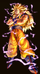 Rule 34 | 1boy, absurdres, baggy pants, biceps, black background, blonde hair, blue eyes, blue footwear, blue sash, boots, closed mouth, commentary request, crossed arms, dougi, dragon ball, dragonball z, electricity, energy, full body, glaring, highres, kouji08250, long hair, looking at viewer, male focus, muscular, muscular male, orange pants, pants, pectorals, sash, serious, simple background, solo, son goku, spiked hair, super saiyan, super saiyan 3, wristband