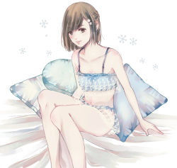 Rule 34 | 1girl, bad id, bad pixiv id, bare arms, bare shoulders, blue bra, blush, bra, braid, brown eyes, brown hair, collarbone, commentary request, fueguchi hinami, hair ornament, highres, looking at viewer, pillow, short hair, sitting, smile, solo, tokyo ghoul, toukaairab, underwear