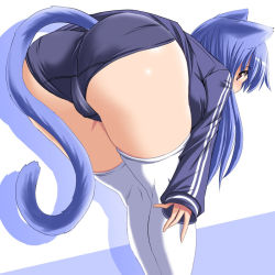 Rule 34 | 1girl, animal ears, ass, bent over, blue hair, blush, brown eyes, buruma, cat ears, cat girl, cat tail, female focus, from behind, gym uniform, jacket, long hair, looking back, original, purple hair, red eyes, solo, tail, thighhighs, thighs, tonpuu, track suit, trefoil, white thighhighs