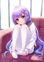 Rule 34 | 1girl, ahoge, azur lane, black sailor collar, black skirt, blunt bangs, blush, cardigan, commentary, couch, eyebrows hidden by hair, full body, hair ornament, hair scrunchie, head tilt, highres, holding feet, knees up, lens flare, long hair, long sleeves, looking at viewer, low twintails, neckerchief, no shoes, pantyhose, pink neckerchief, pleated skirt, purple eyes, purple hair, purple scrunchie, sailor collar, school uniform, scrunchie, sidelocks, sitting, skirt, smile, solo, twintails, unicorn (long-awaited date) (azur lane), unicorn (azur lane), very long hair, white cardigan, white pantyhose, window, x hair ornament, zzt (zztsama)