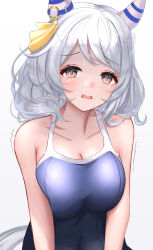 Rule 34 | 1girl, animal ears, blue one-piece swimsuit, blush, bow, breasts, breasts squeezed together, cleavage, collarbone, competition school swimsuit, ear covers, ear ribbon, green eyes, grey hair, highres, hishi miracle (umamusume), horse ears, horse girl, horse tail, large breasts, looking at viewer, medium hair, one-piece swimsuit, open mouth, pink eyes, ribbon, school swimsuit, simple background, solo, sweat, swimsuit, tail, takmi, tearing up, tracen swimsuit, trembling, two-tone eyes, umamusume, white background, yellow ribbon