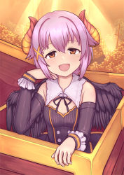 Rule 34 | 1girl, blush, breasts, brown eyes, detached sleeves, eyebrows, gold, hair ornament, highres, horns, idolmaster, idolmaster cinderella girls, jacy, koshimizu sachiko, long sleeves, looking at viewer, open mouth, purple hair, short hair, small breasts, smile, solo, sword, weapon, wings, x hair ornament