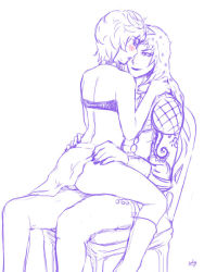 Rule 34 | 1boy, 1girl, ass, blush, boots, chair, clothed sex, cowgirl position, diavolo, father and daughter, hetero, incest, jojo no kimyou na bouken, lo lis, long hair, monochrome, sex, short hair, spoilers, straddling, tattoo, trish una, vaginal, vento aureo