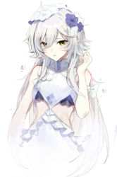 Rule 34 | 1girl, absurdres, arknights, armband, breasts, dress, flower, grey hair, hair between eyes, hair flower, hair ornament, hand up, highres, long hair, molyb, official alternate costume, open mouth, pointy ears, purple flower, simple background, small breasts, solo, tomimi (arknights), tomimi (silent night) (arknights), unfinished, upper body, waist cutout, white background, white dress, white flower, yellow eyes