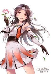 Rule 34 | 1girl, :d, bare shoulders, brown eyes, brown gloves, brown hair, cowboy shot, detached sleeves, elbow gloves, flower, forehead protector, gloves, hachimaki, hair intakes, half updo, headband, highres, holding, holding flower, jintsuu (kancolle), jintsuu kai ni (kancolle), kantai collection, long hair, looking at viewer, moupii (hitsuji no ki), open mouth, school uniform, serafuku, simple background, smile, solo, white background