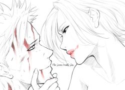 Rule 34 | 10s, 1boy, 1girl, ban (nanatsu no taizai), blood, blood from mouth, blood on face, copyright name, from side, gamigamimissile, grabbing another&#039;s chin, hand on another&#039;s chin, hetero, implied kiss, jericho (nanatsu no taizai), light smile, lips, monochrome, nanatsu no taizai, short hair, simple background, smile, spiked hair, white background