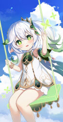 Rule 34 | 1girl, absurdres, bloomers, blue sky, blush, bracelet, cape, cloud, cross-shaped pupils, detached sleeves, dress, feet out of frame, floating hair, genshin impact, gold trim, gradient hair, green cape, green eyes, green hair, green sleeves, hair ornament, hari83421, highres, jewelry, leaf hair ornament, long hair, multicolored hair, nahida (genshin impact), open mouth, outdoors, pointy ears, short dress, short sleeves, side ponytail, sidelocks, sitting, sky, sleeveless, sleeveless dress, smile, solo, swing, symbol-shaped pupils, underwear, white bloomers, white dress, white hair