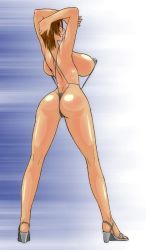 Rule 34 | 1girl, 7961 shiki, anesthesia, anesthesia (rumble roses), arms behind head, ass, backboob, bikini, breasts, brown hair, female focus, full body, high heel sandals, high heels, huge breasts, jpeg artifacts, rumble roses, sandals, shoes, short hair, sideboob, slingshot swimsuit, solo, standing, strap gap, swimsuit, thong, wide hips