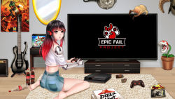 Rule 34 | bare legs, bare shoulders, barefoot, batman (series), controller, dc comics, doom (series), epic fail project, erica naito, fake horns, feet, flat screen tv, flower pot, food, full body, game controller, gamepad, half-life (series), headphones, headset, hearthstone, helmet, highres, holding, holding controller, holding game controller, horned helmet, horns, legs, long hair, looking at viewer, looking to the side, marvel, mechanical arms, mechanical parts, original, parted lips, playing games, poster (object), red hair, self-upload, shirt, shorts, single mechanical arm, sleeveless, soles, spider-man (series), subnautica, t-shirt, television, the elder scrolls, the elder scrolls v: skyrim, toes, warcraft