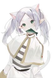 Rule 34 | 1girl, absurdres, animal ears, belt, black belt, cat ears, cat tail, dress, fish, frieren, green eyes, highres, kapo, long hair, looking at viewer, pointy ears, simple background, solo, sousou no frieren, tail, twintails, white background, white dress, white hair