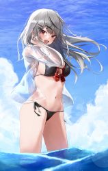 Rule 34 | 1girl, absurdres, bikini, black bikini, blue sky, bow, breasts, cloud, cloudy sky, cowboy shot, fang, from side, grey hair, hair ornament, hairclip, hand in own hair, highres, hololive, long sleeves, medium breasts, multicolored hair, navel, open mouth, outdoors, partially submerged, red bow, sakamata chloe, see-through, see-through sleeves, sideboob, sidelocks, sky, smile, solo, streaked hair, swimsuit, thighs, toi1et paper, virtual youtuber, wading, x hair ornament