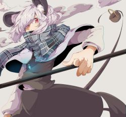 Rule 34 | 1girl, animal ears, basket, black skirt, capelet, covered mouth, dowsing rod, dust cloud, earrings, grey hair, jewelry, long sleeves, looking at viewer, mouse ears, mouse tail, namataro, nazrin, pendant, plaid, plaid scarf, red eyes, scarf, short hair, skirt, skirt set, solo, tail, touhou
