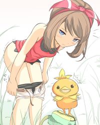 Rule 34 | !, 10s, 1girl, ass, bag, belt, bent over, bike shorts, black eyes, blue eyes, blush, brown hair, clothes pull, creatures (company), fanny pack, game freak, gen 3 pokemon, grass, hair ribbon, have to pee, leaning forward, looking at viewer, may (pokemon), may (pokemon oras), muroi (fujisan0410), nintendo, open mouth, pokemon, pokemon (creature), pokemon oras, pulling own clothes, ribbon, shirt, short shorts, shorts, shorts pull, sidelocks, simple background, sleeveless, sleeveless shirt, torchic, trembling, two side up, undressing, white background