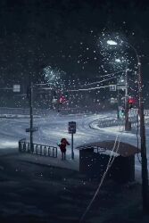 Rule 34 | 1girl, animated, bus stop, lamppost, looping animation, night, original, outdoors, pixel art, road, road sign, sign, snow, snowing, standing, traffic light, video, vixit