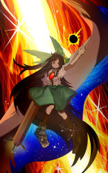 Rule 34 | 1girl, absurdly long hair, absurdres, arm cannon, arm up, asymmetrical footwear, atom, bird wings, black footwear, black hair, black socks, black sun, bow, breasts, brown wings, cape, collared shirt, commentary request, control rod, fire, frilled shirt collar, frilled skirt, frills, full body, green bow, green skirt, grin, hair bow, highres, ichirugi, large bow, long hair, medium breasts, mismatched footwear, print cape, red eyes, reiuji utsuho, shirt, shoes, short sleeves, single shoe, skirt, smile, socks, solo, starry sky print, sun, third eye, touhou, very long hair, weapon, white cape, white shirt, wings