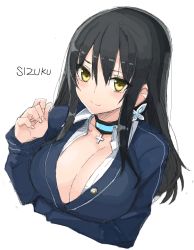 Rule 34 | 1girl, black hair, breast hold, breasts, cardigan, choker, cleavage, earrings, jewelry, jk bitch sannin musume!, large breasts, looking at viewer, nishizawa shizuku, open clothes, open shirt, shirt, sidelocks, simple background, sketch, smile, solo, upper body, white background, whoosaku, yellow eyes