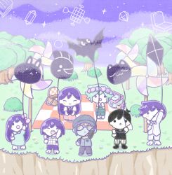 Rule 34 | 2girls, 5boys, absurdres, aubrey (headspace) (omori), aubrey (omori), barefoot, basil (headspace) (omori), basil (omori), black hair, blanket, blue shirt, blue skin, blush, bow, closed eyes, closed mouth, cloud, colored skin, expressionless, facing another, flower, goggles, green hair, hair bow, head wreath, hero (headspace) (omori), hero (omori), highres, kel (headspace) (omori), kel (omori), kite, kite flying, kite kid (omori), long hair, long sleeves, mari (headspace) (omori), mari (omori), multiple boys, multiple girls, omori, omori (omori), open mouth, outdoors, pajamas, parted lips, picnic basket, pink bow, pinwheel, purple hair, red skirt, scene reference, shirt, short hair, skirt, sky, smile, standing, tree, wafu (wafu39080), white skin