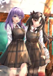 Rule 34 | 2girls, absurdres, black dress, black hair, breasts, collared shirt, dress, dress shirt, fate/grand order, fate/stay night, fate (series), hane yuki, highres, ishtar (fate), long hair, looking at viewer, matou sakura, medium breasts, multicolored hair, multiple girls, open mouth, parted bangs, pinafore dress, purple eyes, purple hair, red eyes, red hair, school uniform, shirt, siblings, sisters, sleeveless, sleeveless dress, small breasts, smile, space ishtar (fate), two-tone hair, two side up, white shirt