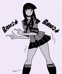 Rule 34 | 1girl, blunt bangs, blunt tresses, callan (callancoe), commentary request, facing viewer, feet out of frame, grey background, greyscale, hair over shoulder, hair ribbon, kantai collection, kitakami (kancolle), long hair, meme, monochrome, neckerchief, pleated skirt, pointing, pokedance (meme), ribbon, sailor collar, school uniform, serafuku, short sleeves, sidelocks, simple background, skirt, socks, solo, standing, tress ribbon