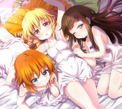 Rule 34 | 3girls, armpits, bare arms, bare shoulders, bed sheet, blonde hair, blue bow, blue eyes, blush, bow, brown eyes, brown hair, chestnut mouth, closed mouth, collarbone, commentary request, cover, cover page, dress, fang, fang out, frilled pillow, frills, girl sandwich, long hair, luna child, lying, multiple girls, on back, on side, on stomach, one eye closed, orange hair, parted lips, pillow, red eyes, sandwiched, sleeveless, sleeveless dress, smile, star sapphire, sui. (ayase), sunny milk, touhou, very long hair, white dress