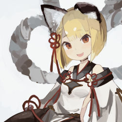 Rule 34 | 1girl, animal ears, bare shoulders, black pantyhose, blonde hair, blunt bangs, blush, braid, breasts, commentary request, detached sleeves, dog ears, ear down, erune, granblue fantasy, hair ornament, japanese clothes, long sleeves, looking at viewer, open mouth, pantyhose, paprika shikiso, pelvic curtain, red eyes, simple background, small breasts, smile, solo, vajra (granblue fantasy), wide sleeves