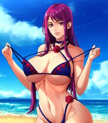 Rule 34 | 1girl, alternate costume, ass, bare shoulders, beach, bikini, bikini pull, blue bikini, blue sky, breasts, choker, cleavage, clothes pull, cloud, collar, commission, cowboy shot, cut bangs, day, female focus, fire emblem, fire emblem engage, flower, highleg, highleg bikini, highres, horizon, ivy (fire emblem), kerana art, large breasts, long hair, looking at viewer, matching hair/eyes, mole, mole under mouth, navel, nintendo, ocean, open mouth, outdoors, parted lips, purple eyes, purple hair, rose, sand, skindentation, sky, smile, solo, spiked, spiked collar, spikes, swimsuit, thorn print, underboob, undressing, water, wide hips