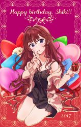 Rule 34 | 1girl, 2017, absurdres, black dress, blue eyes, blush, breasts, brown hair, character name, cleavage, commentary request, cupcake, dress, earrings, food, happy birthday, head tilt, heart, heart-shaped pillow, highres, holding, holding food, ichinose shiki, idolmaster, idolmaster cinderella girls, idolmaster cinderella girls starlight stage, jewelry, lab coat, lipstick, long hair, looking at viewer, makeup, nail polish, necklace, ohkamisuzu, pillow, red lips, red nails, solo, spaghetti strap, wavy hair