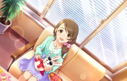 Rule 34 | 1girl, :d, blush, brown eyes, brown hair, dress, idolmaster, idolmaster cinderella girls, idolmaster cinderella girls starlight stage, indoors, long hair, looking at viewer, mochida arisa, open mouth, side ponytail, sitting, smile, solo, stuffed animal, stuffed rabbit, stuffed toy