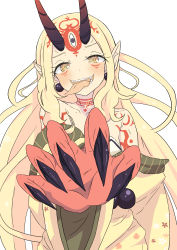 Rule 34 | 1girl, bare shoulders, blonde hair, claws, earrings, fangs, fate/grand order, fate (series), female focus, highres, horns, ibaraki douji (fate), japanese clothes, jewelry, kimono, long hair, long tongue, looking at viewer, monster girl, off shoulder, oni, oni horns, open mouth, pointy ears, short kimono, simple background, solo, tattoo, tongue, wide sleeves, yellow eyes, yellow kimono