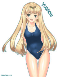 Rule 34 | 1girl, absurdres, arms behind back, black ribbon, blonde hair, blue one-piece swimsuit, breasts, character name, collarbone, competition swimsuit, cowboy shot, green eyes, hair ribbon, highres, kantai collection, leaning forward, long hair, looking at viewer, notchi, one-piece swimsuit, open mouth, ribbon, simple background, small breasts, smile, solo, straight hair, swimsuit, thigh gap, twitter username, white background, yuudachi (kancolle)