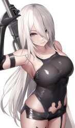 Rule 34 | 1girl, a2 (nier:automata), absurdres, arm up, bare shoulders, black gloves, blue eyes, breasts, closed mouth, commentary, elbow gloves, gloves, grey hair, highres, holding, holding sword, holding weapon, kurone rinka, large breasts, long hair, looking at viewer, mole, mole under mouth, nier:automata, nier (series), short shorts, shorts, simple background, skindentation, solo, sword, thighs, very long hair, weapon